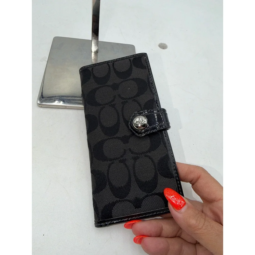 Coach Signature Jacquard Slim Bifold Wallet Black Patent Trim Snap Closure